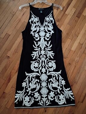 INC International Concepts Black Mini Dress with White Embroidered Floral Motif